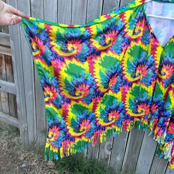 Hippie tie dyed shawl ties at neck fringe one size fits most - Picture 2 of 10